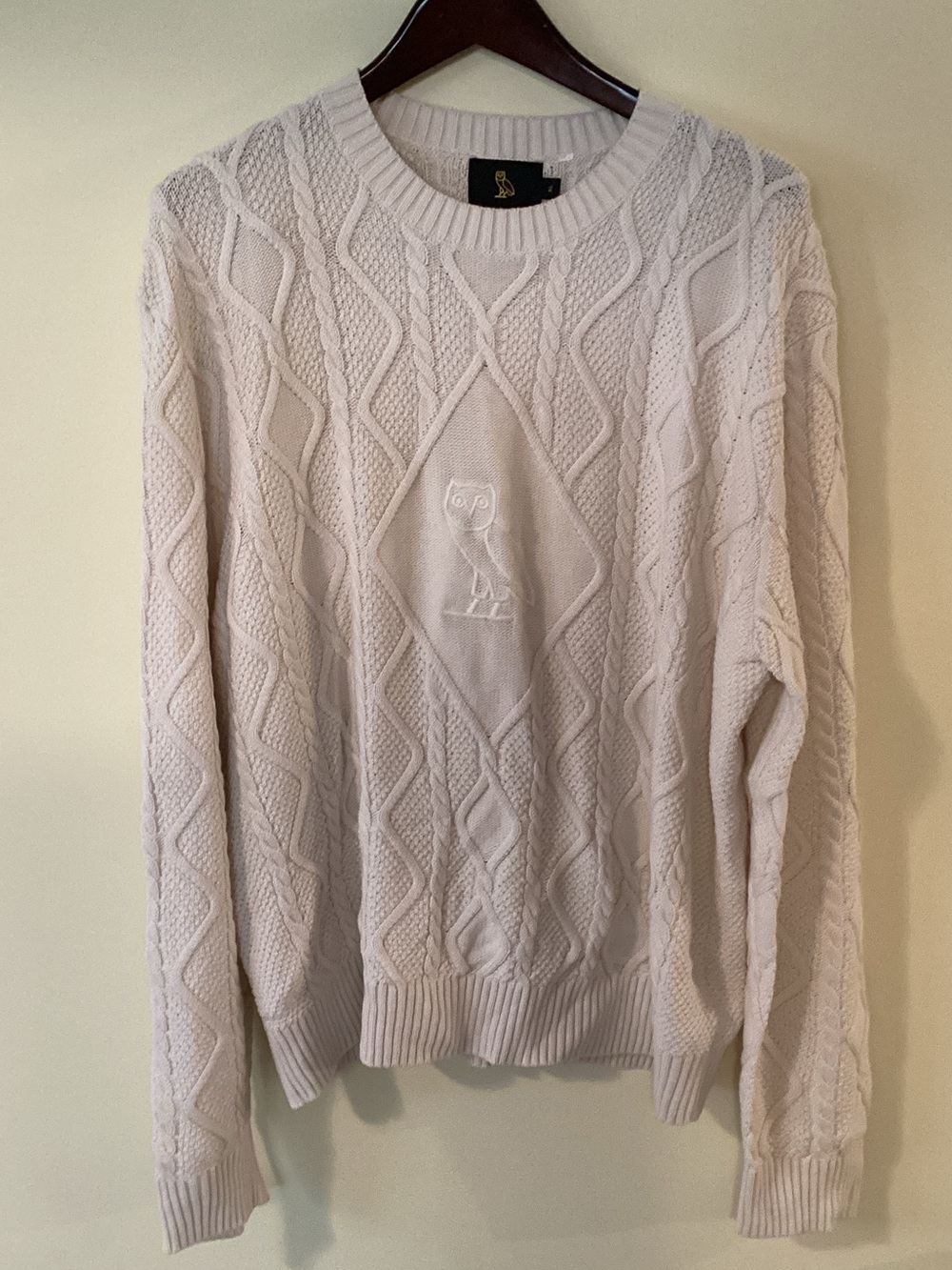 OVO Cream Cable Knit Crewneck Sweater with Owl Motif